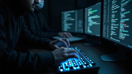 Person Typing Code on Illuminated Keyboard in Dark Room