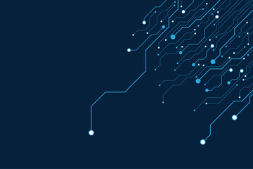 Technology quantum blue portal on motherboard with thin line glowing wires. Tech background. Ai chip concept. Abstract square frame HUD. Computer digital template. Vector illustration