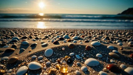 Wall Mural - A tranquil beach scene with the sun setting in the background and seashells scattered on the sand, perfect for a relaxing vacation or a romantic getaway