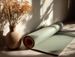 © nurhikmah - Rolled sage green yoga mat rests on a light surface near a vase of dried flowers, bathed in sunlight casting shadows on the wall and mat