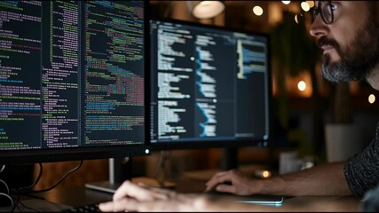 Dedicated programmer focused on coding late in a dimly lit office working on multiple monitors in a deep work state solving complex problems through code