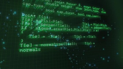 On playback, green code column scrolling over grid revealing APIs, geometry computing intersections