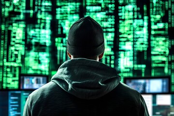 mysterious hooded figure facing digital green code in a dark room