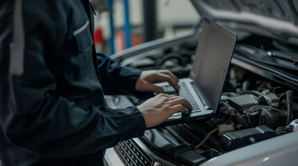 computer diagnostics. an automotive mechanical technician using laptop computer programming. car mai