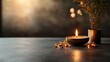 © svastix - An inviting candle illuminates a tranquil setting adorned with delicate flowers, creating an ambiance of peace and warmth, perfect for relaxation and comfort.