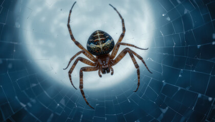 A large spider in its intricate web under a full moon.