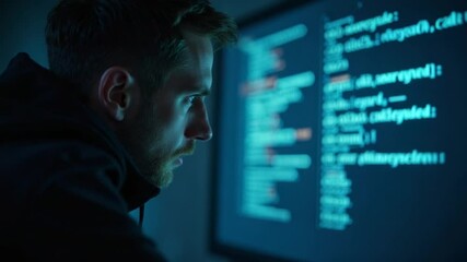 Man Coding Looking at Screen in Dark Room Concentrated