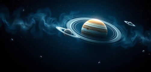 Wall Mural - Jupiter's swirling clouds dominate a dark, star-filled cosmos, asteroids scattered in the foreground,  asteroid,  dark sky