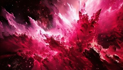 Wall Mural - vivid crimson cosmic nebula explosion with radiant pink energy waves and dark space fragments for sci-fi web design, futuristic print, or halloween branding artwork

