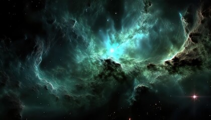 Wall Mural -  ethereal teal nebula cloud with glowing cosmic light and bright stars in deep space, perfect for sci-fi web design, fantasy print, or cosmic branding concept