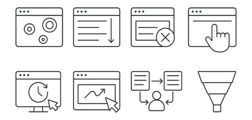 Web development line icon set. coding, ui, ux essentials outline illustration