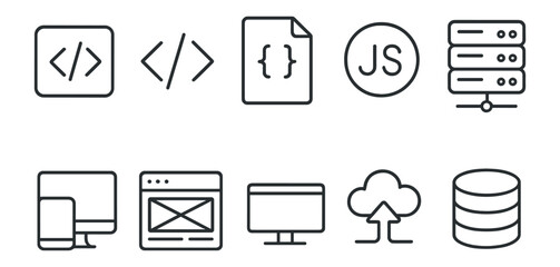 Web development, coding outline icon set. programming, tech outline style collection