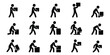 © creatix - Stickman silhouette icons showing delivery workers carrying and transporting boxes in various poses and actions