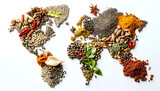World map made of different aromatic spices on white background