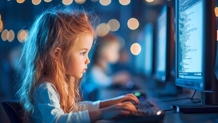 A young girl intently typing on a keyboard in front of a computer screen, potentially coding or working on a project