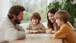 © Olena - Warm, candid shot of a family joyfully playing a game together at a wooden table in a cozy home. Captures connection, love,  bonding. Perfect for family, lifestyle, and togetherness content.