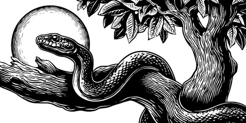 serpent wrapped around tree branch with moon in monochrome art