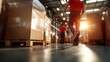 © svastix - Two workers in red shirts move with purpose among stacks of cardboard boxes in a warehouse, capturing the essence of teamwork and industrious activity in logistics.