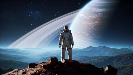 Wall Mural - Astronaut Exploring a New World, Saturn in Background