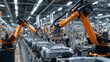 © Maksym - Side view of humans and robots working in parallel on an assembly line producing automotive interiors, with bright orange robotic arms and focused workers side by side