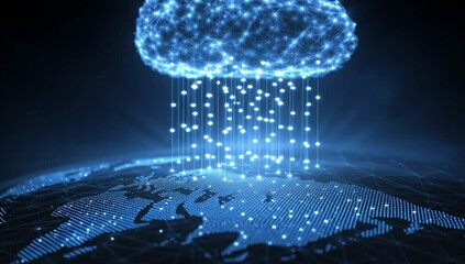 Digital technology concept, a blue glowing cloud icon with a network connection on an earth map background for online storage and security systems in the internet's worldwide area Generative AI