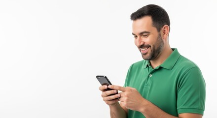 Man using smartphone in green polo shirt casual style communication technology concept image