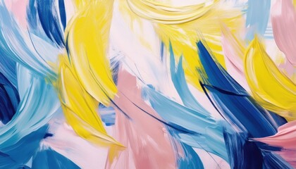Wall Mural - vibrant abstract brushstroke background with blue, yellow, and pink paint swirls on soft pastel canv