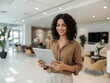 © Ai image - Smiling Woman Curly Dark Hair Brown Shirt Tablet Modern Office