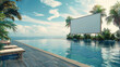 © Hovhannes - Large wide horizontal white blank billboard sign for advertisements on the edge of swimming pool, tropical environment. Business poster commercial board outdoors, marketing frame mockup.
