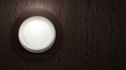 Empty white plate on a dark wooden surface.