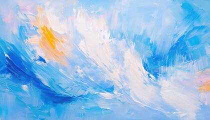 Wall Mural - vivid abstract sky painting with swirling blue, white, and orange brushstrokes evoking clouds and su