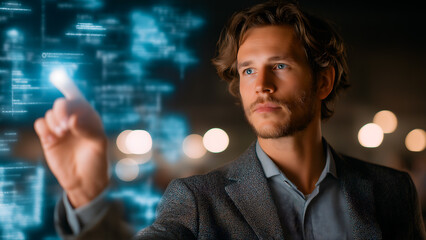 man interacting with digital interface, illuminated by blue light on screen