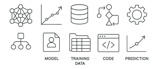 machine learning outline icon set for data analysis, ai, and coding projects