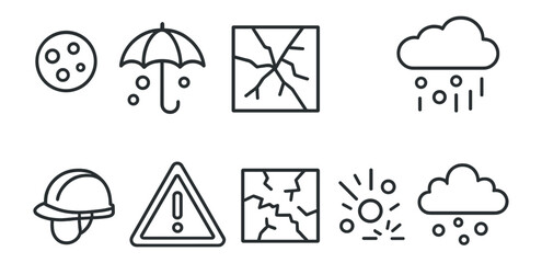Wall Mural - weather and safety line icon set. rain, umbrella, warning, and cracks icons collection