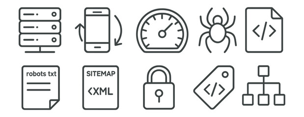 Web development linear icon set. coding, seo, security icons line collection