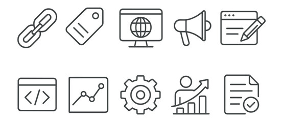 Marketing and development line icon set. seo, analytics, and strategy linear collection