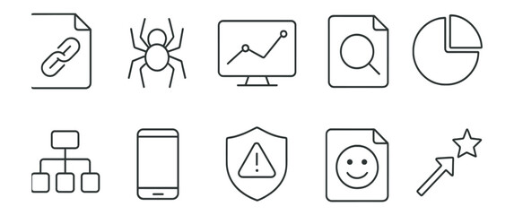 Web development linear icon set. coding, analytics, security icons outline collection