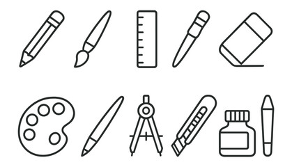 Wall Mural - art and drawing outline icon set. pencil, brush, palette, ruler linear style icons