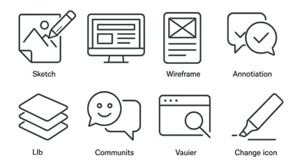 Web development outline icon set. sketch, wireframe, annotation tools collection