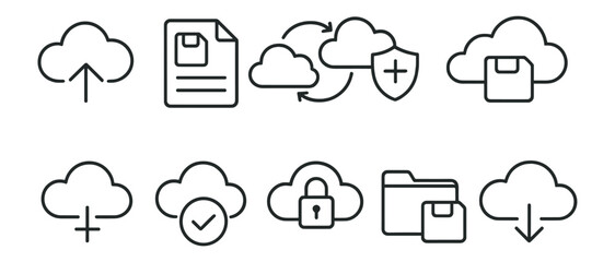 Wall Mural - Cloud computing outline icon set. data storage, security, and sync line collection