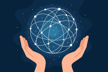 Hands holding a glowing global network sphere. Abstract technology and communication concept with data connection nodes. Futuristic science and internet innovation vector illustration.