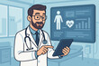 © Sonya - Doctor with tablet analyzing patient data on digital screen. Healthcare technology concept. Male physician in hospital clinic using electronic health record. Medical vector illustration.
