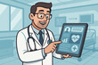 © Sonya - Smiling male doctor in white coat with stethoscope holding digital tablet, pointing at medical health data display in hospital room. Healthcare technology vector cartoon illustration.