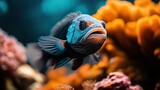 This stunning underwater image captures a vibrant blue fish swimming gracefully amidst a backdrop of colorful coral reefs, showcasing marine biodiversity and beauty.