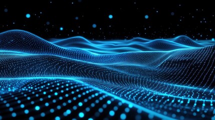 Wall Mural - Abstract Blue Digital Landscape:  A mesmerizing digital art piece showcasing a wave-like pattern of interconnected glowing points against a dark background.