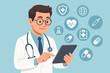 © AthenStudio - Medical doctor using digital tablet for patient data management. Healthcare technology innovation. Stethoscope, medical icons, electronic health records, telemedicine concept. Vector illustration.
