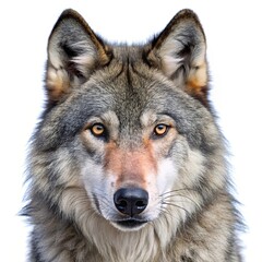  Closeup portrait of a gray wolf against white background