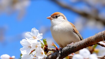 Naklejka na meble Close-Up of a Small Bird Perched Among Cherry Blossom Flowers