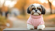 © Oleksiy - Adorable Shih Tzu dog wearing pink sweater stands on park bench. Playful pet puppy with cute fur looking at camera