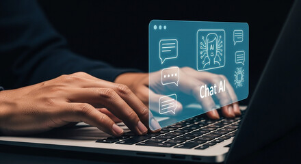 person typing on laptop with chat ai interface overlay showing ai head and message icons above keybo